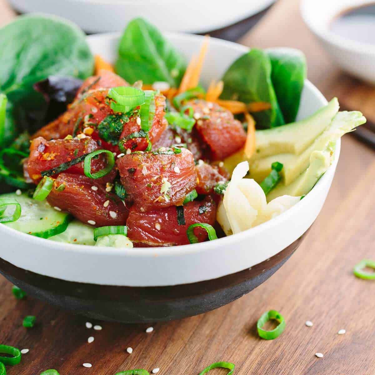 Fresh poke bowl with tuna and rice