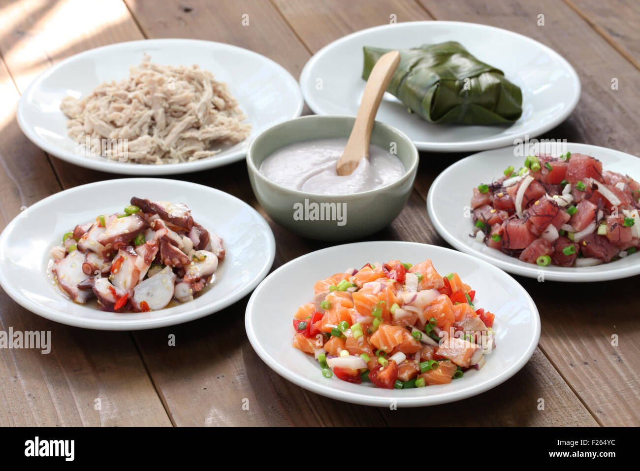 Traditional Hawaiian plate with poke and poi